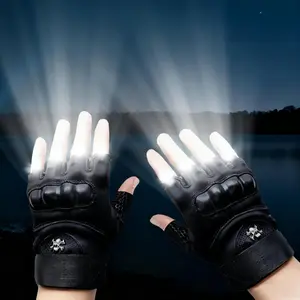 JUSIEX LED Flashlight Gloves, Half-Finger Lighted Gloves, Tactical Lighted Gloves with Anti-Slip & Breathable Fabric for Camping, Night Fishing, Biking & Outdoor Work, Cool Gadgets Gifts for Men Him Boyfriend Husband