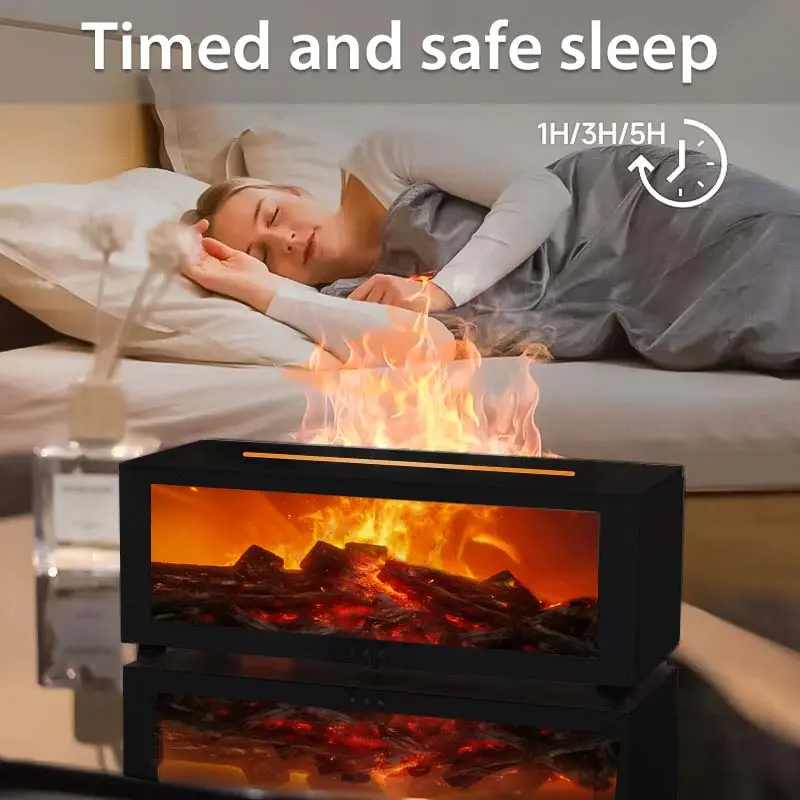USB-powered simulated flame fireplace humidifier, warm ambient light, with essential oil diffuser, suitable for home, school, and office, ideal holiday and Christmas gift, 7-color flame effect, remote control, auto shut-off when water is low, and timer.