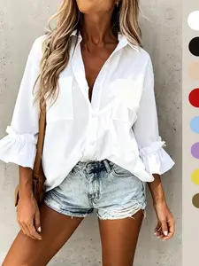 Spring Summer New Solid Color Shirt, Casual Long Sleeve Button-Up Blouse, Smooth 7/8 Sleeve, Vacation Wear, Work Formal, Daily, Party Fashion Top