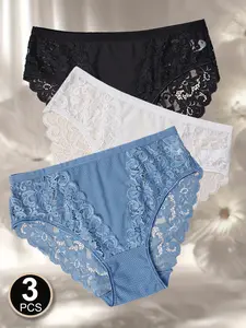 Women's Sensitive Skin Panties with Antibacterial Lining - Floral Lace & Breathable Mesh, Low-Rise No-Dig Design, Gentle & Comfortable (3-Pack)