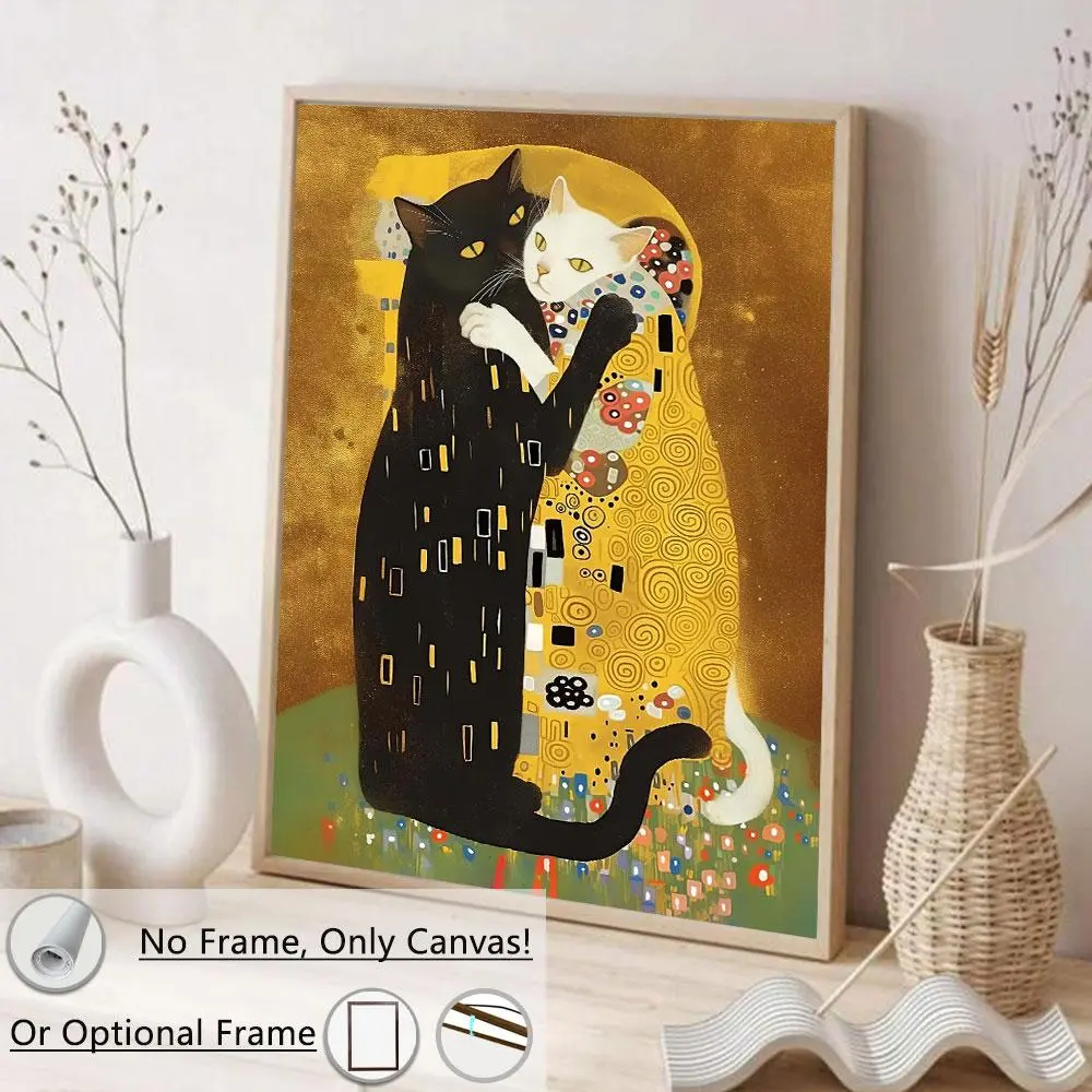 Artistic Cat Hugging Pattern Unframed Canvas Print, 1-Count Modern Artwork, Indoor Decoration for Home Living Room & Office, Kitty Design Wall Decor wall decor posters