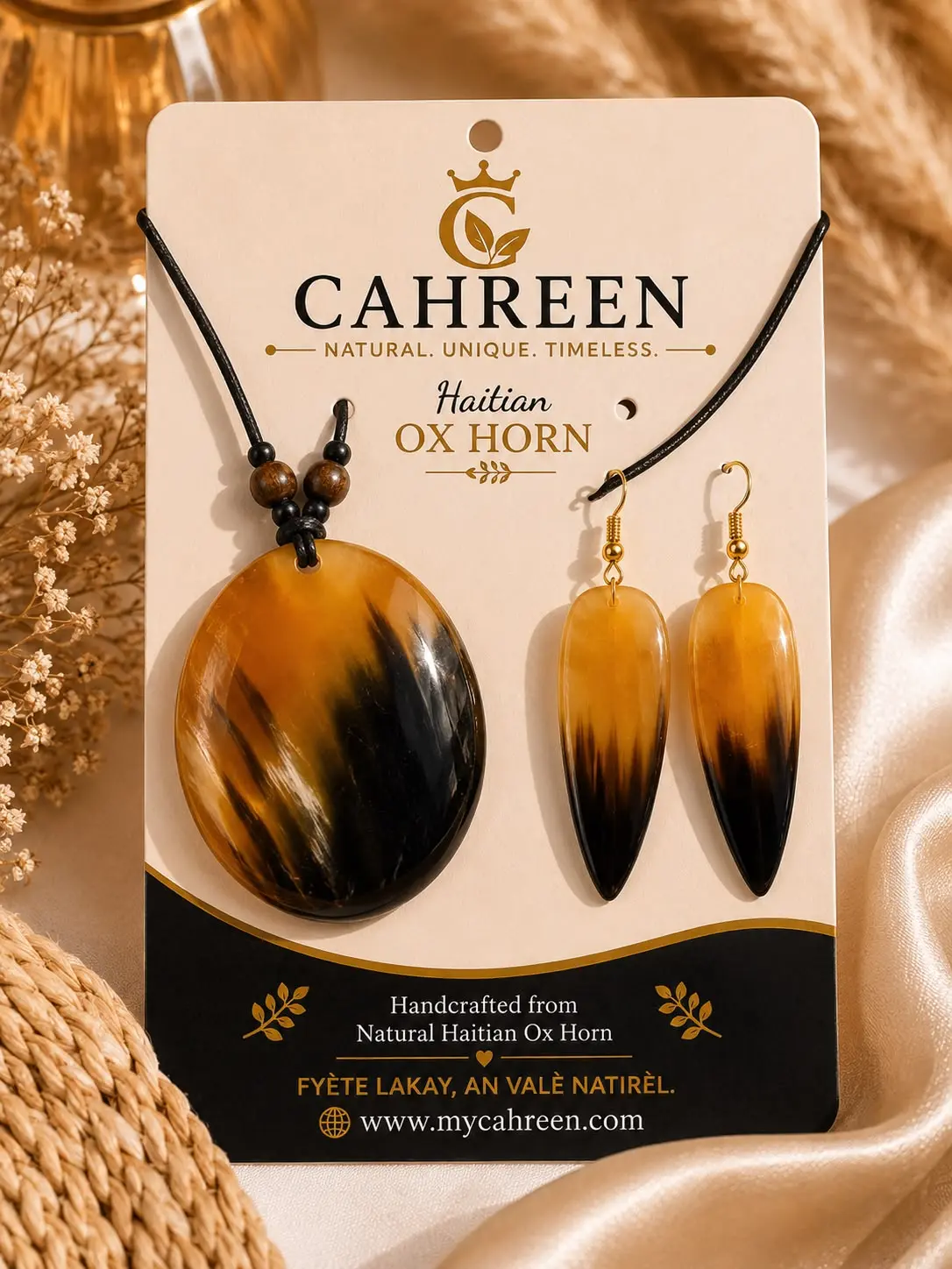 Handmade Haitian Natural Ox Horn Jewelry Set – Statement Necklace & Matching Earrings | Artisan Boho Gift for Women