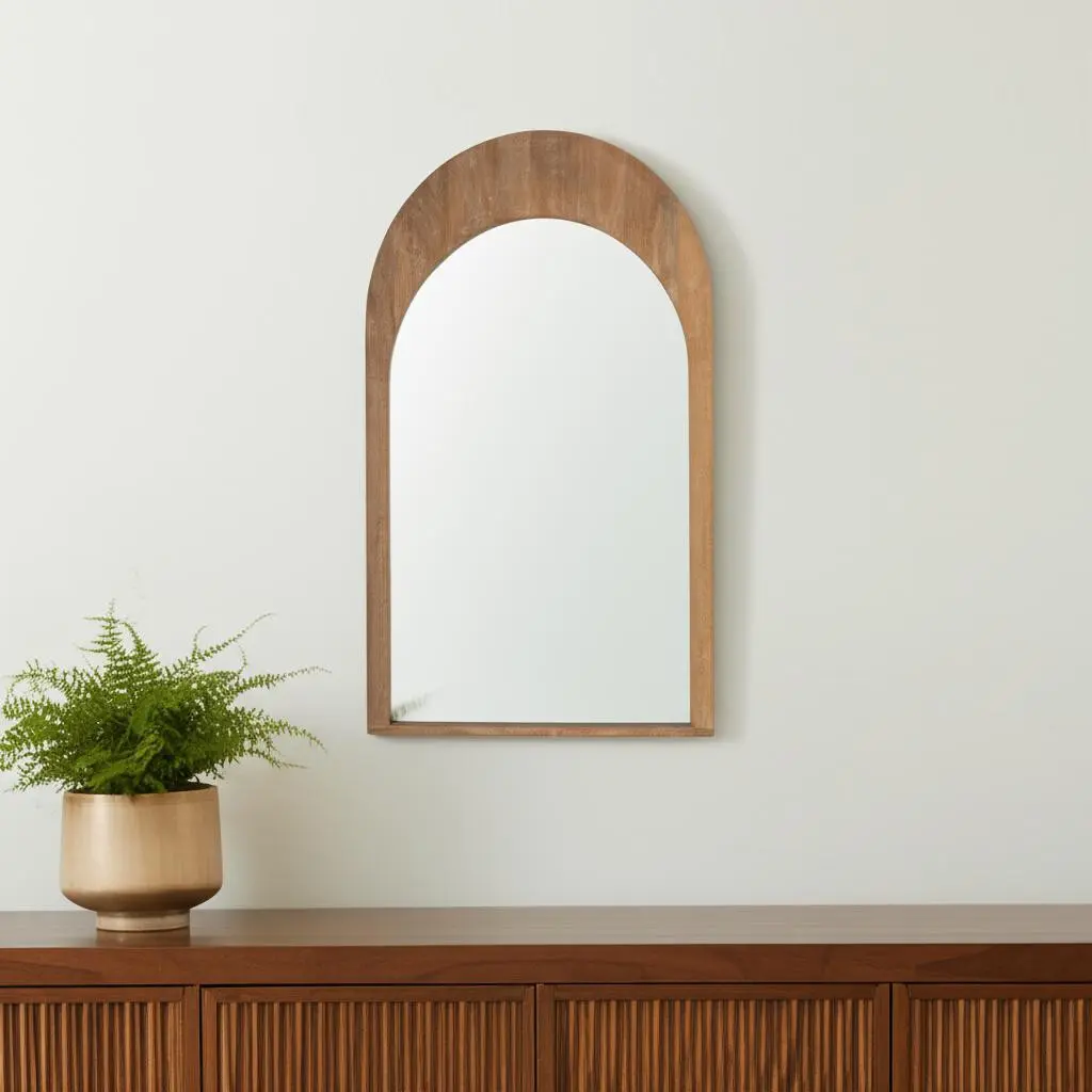 360 Wall-Mounted Mirror - 48x30 in Light Brown Solid Wooden Curved, Elegant, Decorative Arch-Framed Modern Room Decor Glass Mirror with 360 Stand, Curved Wall-Mounted Mirrors