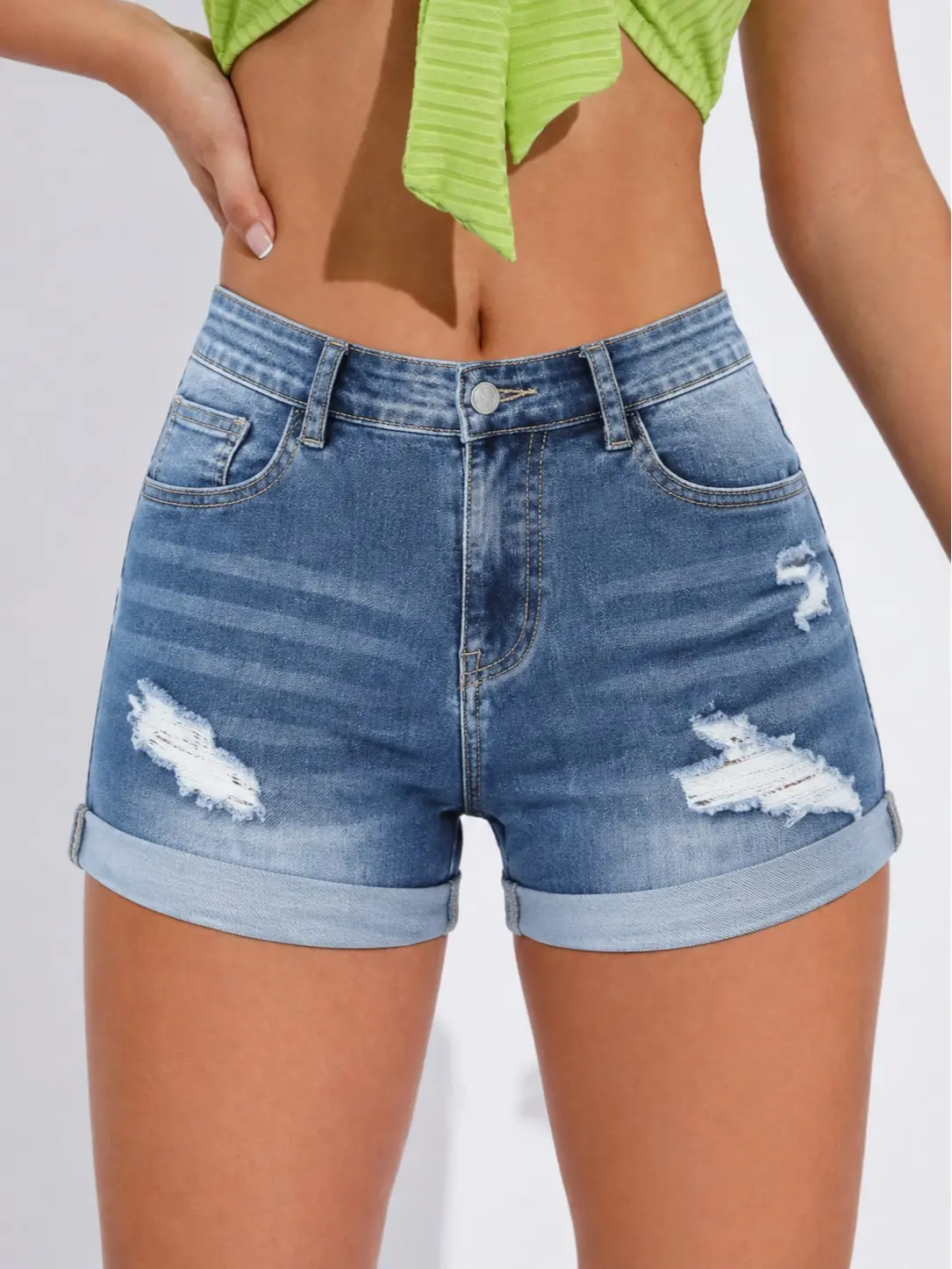 Women's Vintage Distressed Roll-Hem Slim-Fit Denim Shorts, Womenswear Bottoms Jeans