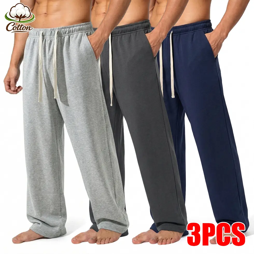 Men's 3 Pack Soft Cotton Sweatpants, Loose Fit Straight Leg Drawstring Lounge Pants with Pockets, Comfy Casual Athletic Joggers for Sleep, Workout, Home Wear Men's 3 Pack Soft Cotton Sweatpants, Loose Fit Straight Leg Drawstring Lounge Pants with Pockets, Comfy Casual Athletic Joggers for Sleep, Workout, Home Wear