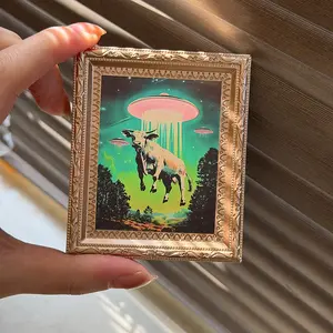 Ufo Abducting Cow Magnetic Fridge Magnet, Retro Sci-Fi Art Decor, Whimsical Surreal Magnet for Home, Gift for Ufo and Alien Enthusiasts