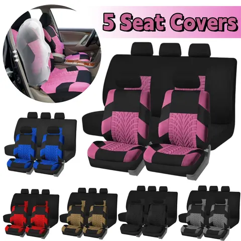 Universal Cloth Car 5 Seat Covers Full Set Front Rear Cushion Protector Pad Tyre Track Embossed, Non-slip Comfort Protection Washable Mat for Most Car - For Mother Father Lover Friend Christmas Valentine Gift, Polyester Fits, Cars Accessories