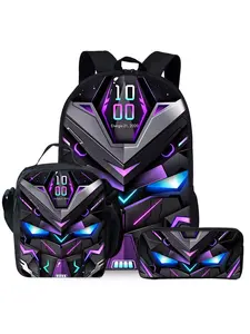 Robot-print Multi Function Backpack three-piece set, including lunch bag, pencil case, and