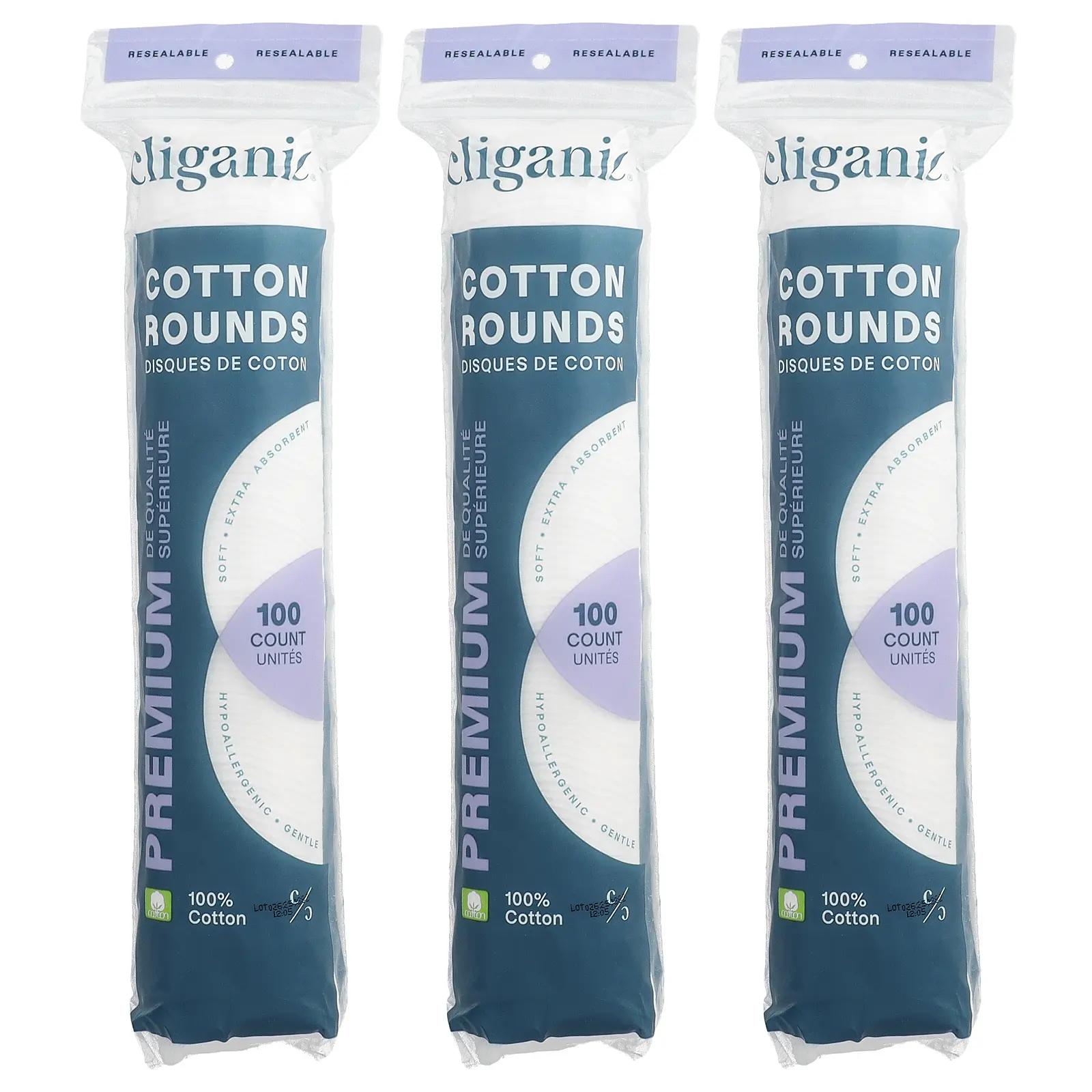 Cliganic Premium Cotton Rounds, 3 Packs, 100 Count Each