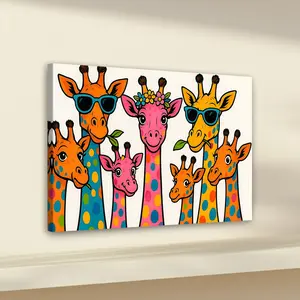 Wooden Frame Colorful Giraffe Art Canvas Poster, Fun Cartoon Animal Wall Print, Bedroom Living Room Decor, Perfect Gift Idea