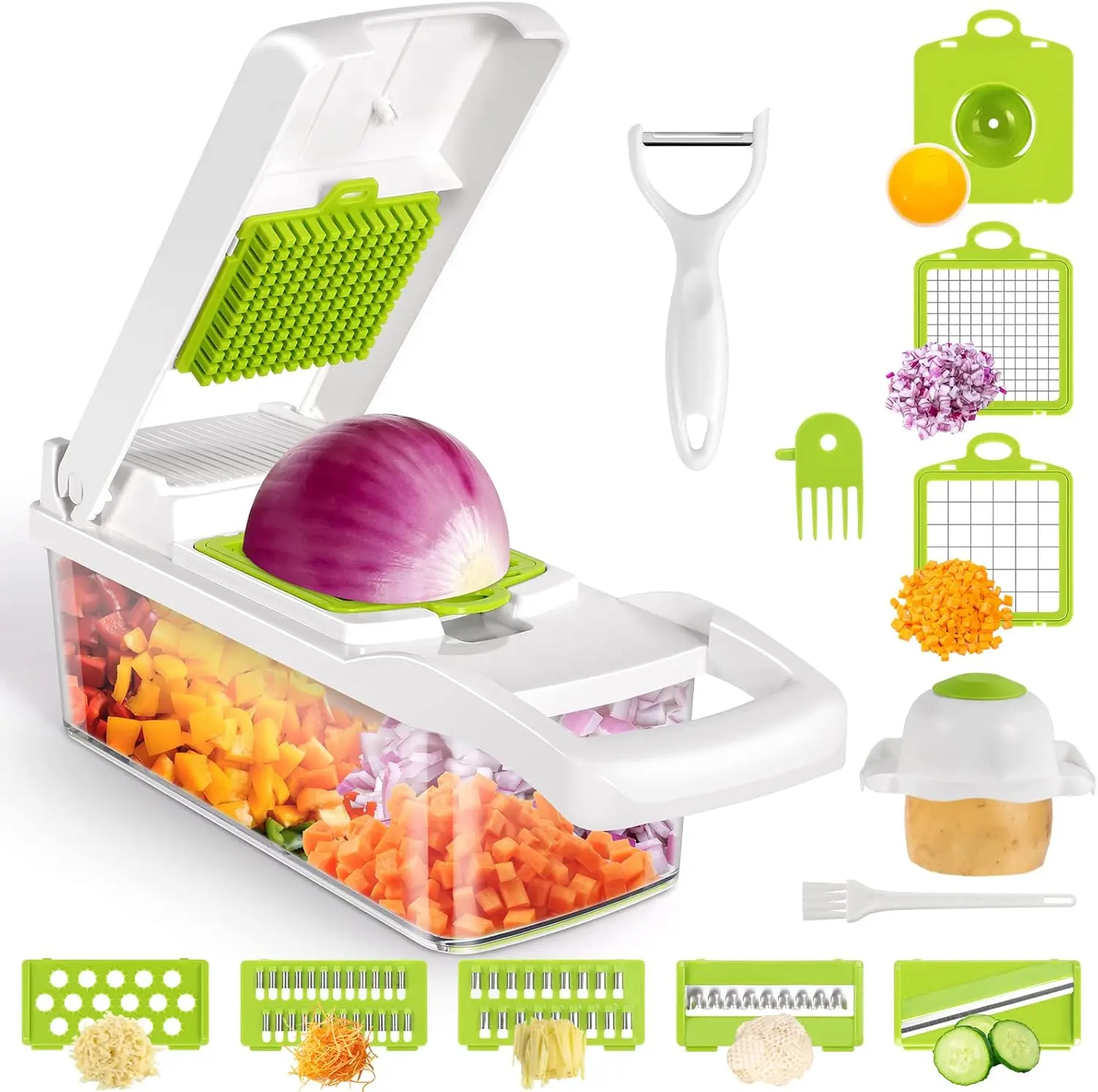 13-in-1 Professional Vegetable Chopper Multi-Blade Dicer Slicer & Egg Cutter with Storage Container Includes Peeler and Various Blades for Efficient Food Prep