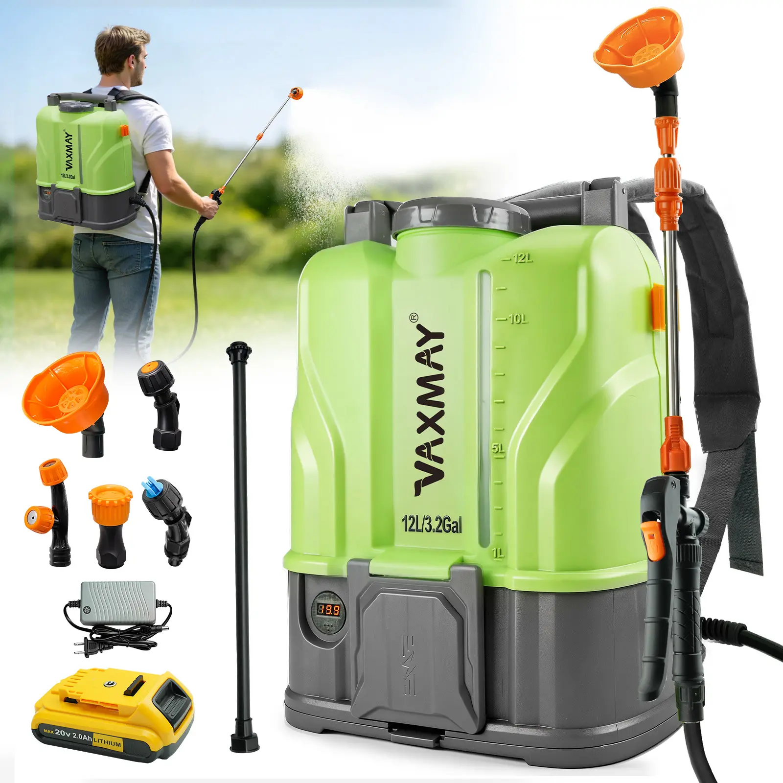 【Father's Day Gift】VAXMAY Battery-Powered Backpack Sprayer, 3.2 Gal 100 PSI Strong Spraying Electric Tool, DeWalt 20V Batteries Compatible, 2 Wands, 5 Nozzles, 2.0 Ah Cell, Charger, Breathable Back Padding, Digital Voltage Display for Comfortable Carry