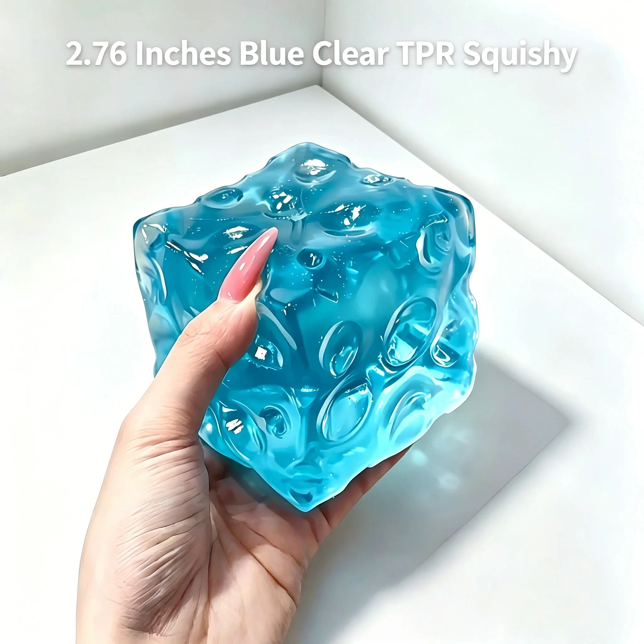 2.76 In Clear Blue Transparent TPR Malt Sugar Cheese Squishy Cube Squishies with Bubbly Texture, Super Stretch Jelly Fidget Squeeze Toy for Office Desks, Alleviates Anxiety