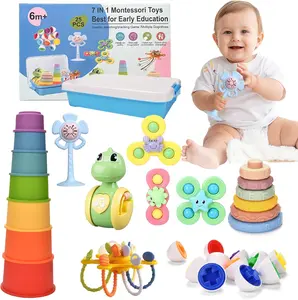 Montessori Baby Toys 6-9 12-18 Month,7-in-1 Sensory Infant Teething Toys for 6-12 Month,Stacking Blocks Cups Ring Matching Eggs Pull String Suction Cup Toy for Babies 6-12+ Months,1 Year old Baby Gift