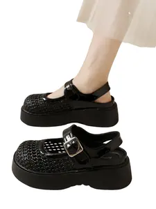 Summer Braided Thick Sole Mary Jane Sandals, Women's Hollow Out Buckle Ankle Strap Shoes, Comfortable Platform Heels