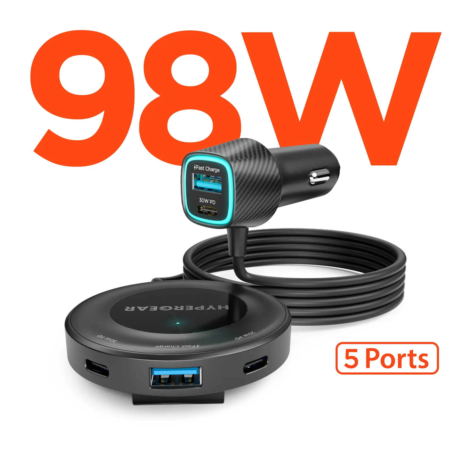 Road Runner 98W 5-Port Front & Backseat Fast Car Charger with Dual 30W USB-C PD PPS