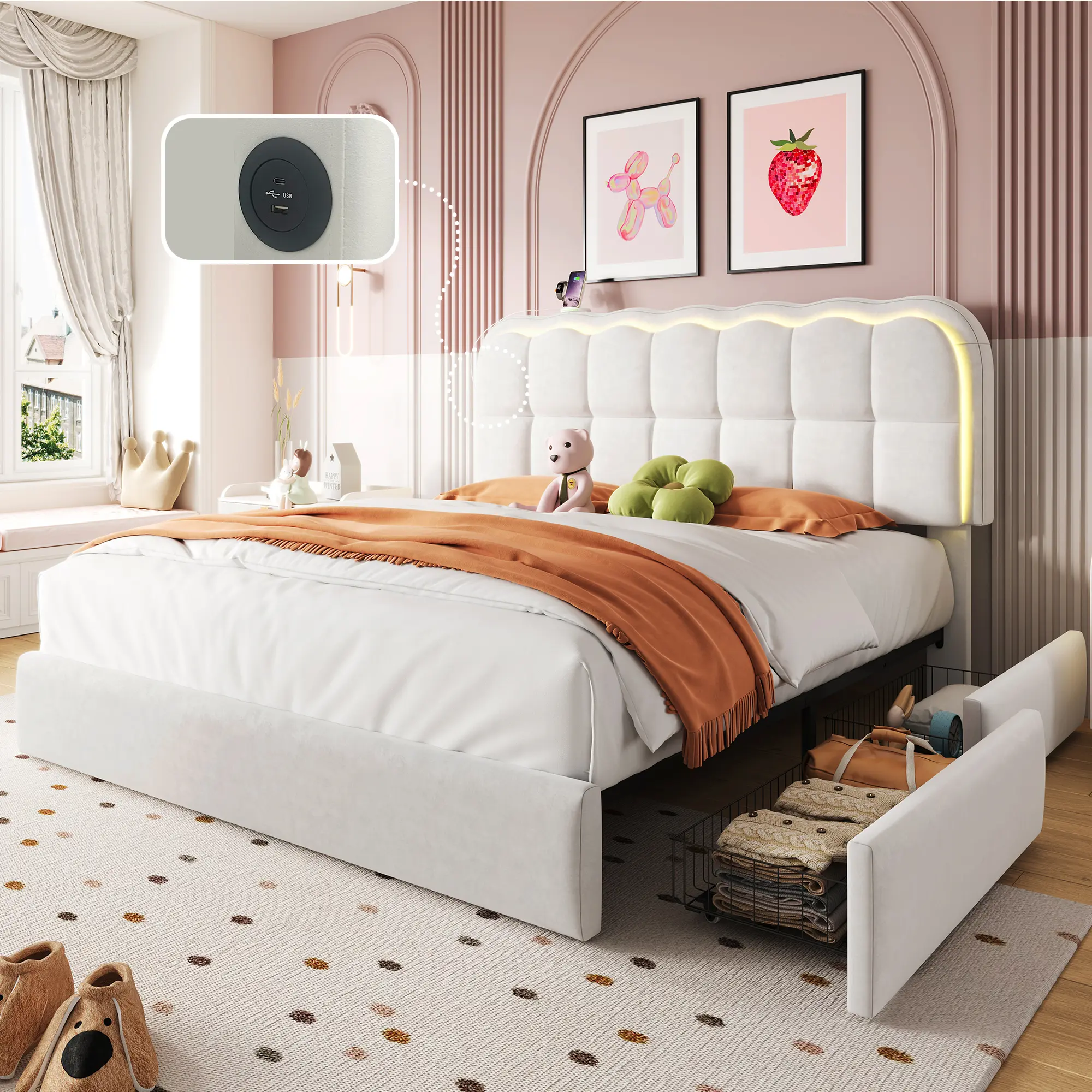 Modern Queen Platform Bed Frame - Full Size Velvet Upholstered Bed with Headboard, 4 Drawers, Wooden Slats Support, No Box Spring Needed, Modern Bed Frame