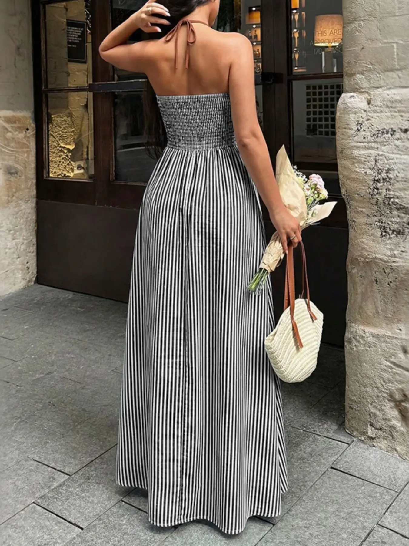Women's French Vacation Stripe Halter Dress, Summer Chic Deep V Waist Cinch  Color Block Long Floor-Length Beach Skirt Elegance - TikTok Shop