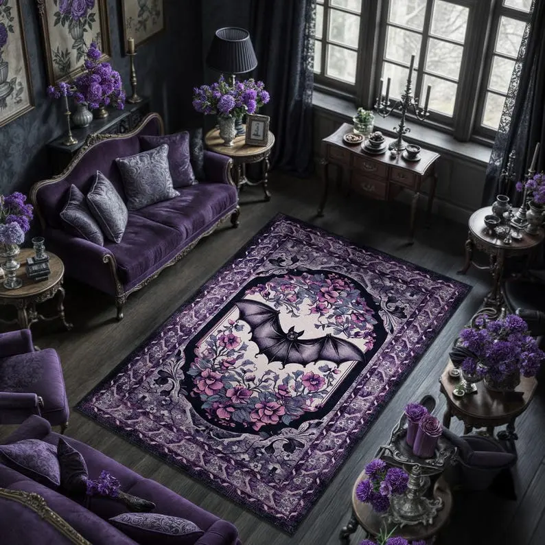 Goth Rug For Gothic Home Decor, Maximalist Rug, Gothic Bat Rug, Washable Bedroom Rug For Eclectic Home Decor, Goth Gift, Purple Rococo Rug