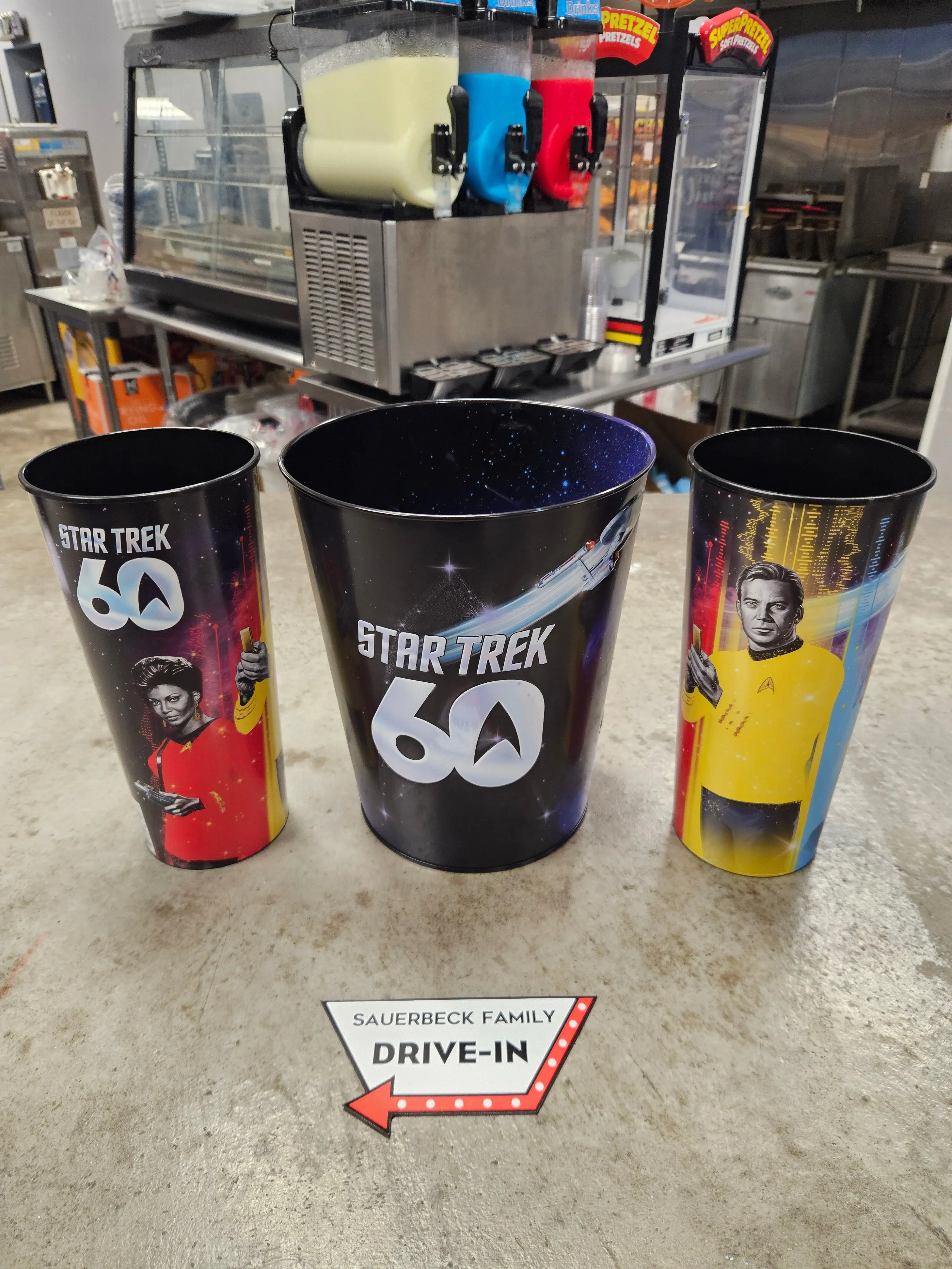 Star Trek 60th Anniversary 130oz Metal Popcorn Bucket AND 2 Plastic Cups IN HAND 2026 Set of 3