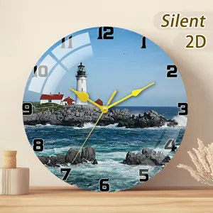 Thick Glass and Wood Silent Wall Clock with Lighthouse Design, Battery Operated Round Clock for Home Decor, Christmas and Holiday Gifts