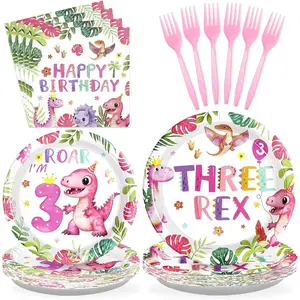 96 count  Dinosaur Birthday Decorations for 3rd Girls Dino Theme Party Supplies Disposable 3rd Dinosaur Party Tableware Set for three Year Old Girls Birthday Decor Serves 34
