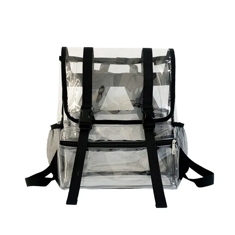 Clear Transparent Flap Backpack, See Through Rucksack with Adjustable Buckle Straps & Mesh Side Pockets, Fashion Casual Clear Bag for Sports Outdoor Events