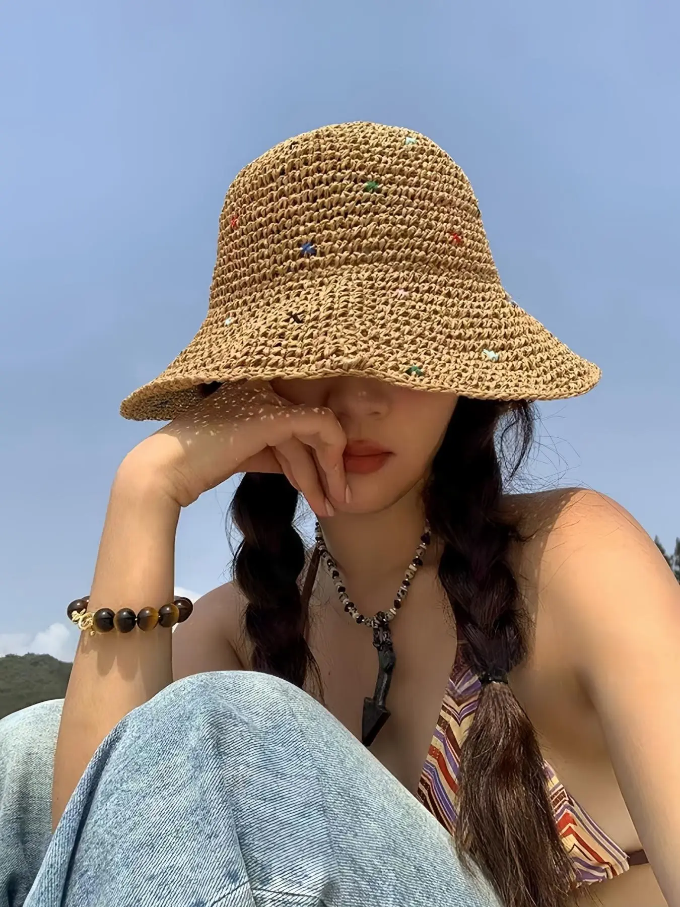 Women's Colorful Dot Hollow Raffia Wide Brim Fisherman Hat, Adjustable Sun Protection Beach Hat, Casual Vacation Seaside Fashion Accessory