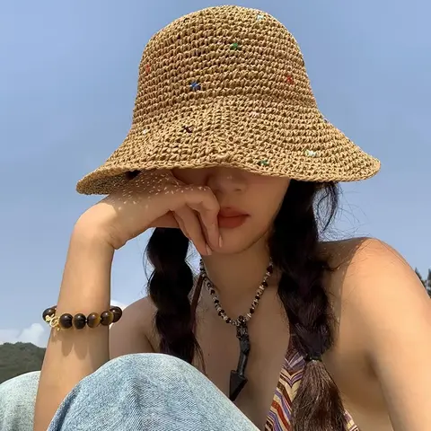 Women's Colorful Dot Hollow Raffia Wide Brim Fisherman Hat, Adjustable Sun Protection Beach Hat, Casual Vacation Seaside Fashion Accessory, Lightweight Sun Hat