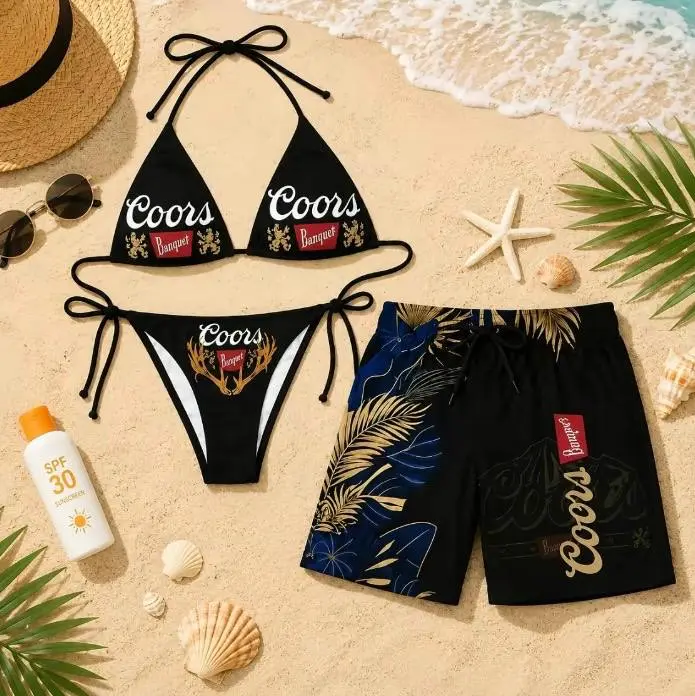 Matching Couple Coors Banquet Swimwear Set-Bikinini & Men's Swim Trunks, Western Beach Vacation Gift for Couples