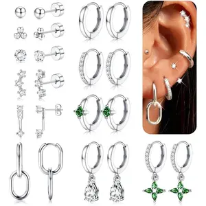CASSIECA 11-Pair Gold Hoop & Flat Back Stud Set, Hypoallergenic Surgical Steel 14 Karat Gold Plated, Cartilage Jewelry for Multiple Piercings, Earring Stacking Set for Daily Wear Stacked Look Summervibes