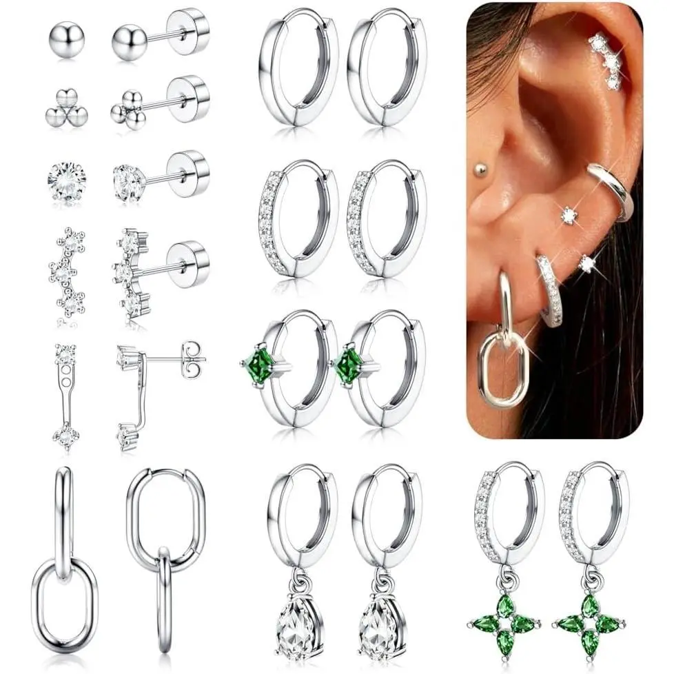 CASSIECA 11-Pair Earring Stacking Set, Hypoallergenic Surgical Steel 14 Karat Gold-Plated, Flat Back Studs & Hoops with Gold Detailing for Multiple Piercings & Daily Wear, Flat Back Earrings