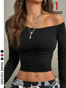 Y2K Shoulder-Exposed Short Top, Single-Side Design, Waist-Cinching, Long Sleeve, Casual & School Style, Multiple Colors Available