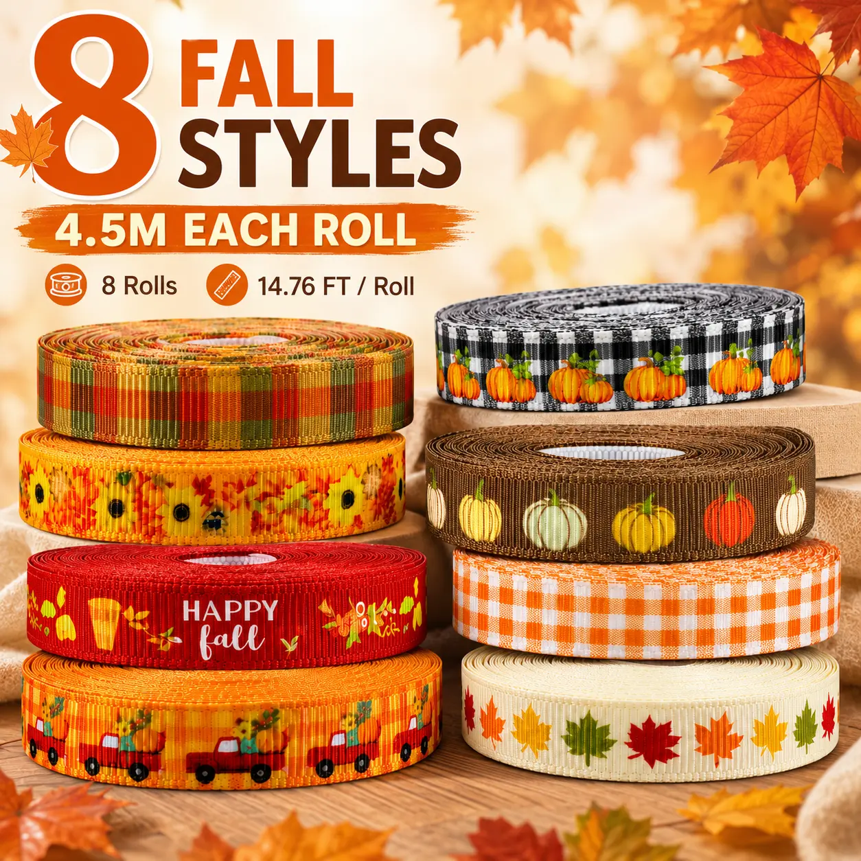 Durable Fall Thanksgiving Grosgrain Ribbons (8 Rolls) - Pumpkin, Maple Leaf, Buffalo Plaid Printed Thin Craft Ribbons, 14.76 Ft / Roll (4.5m Each), Easy to Work With for Gift Wrapping, Holiday Decor, 4.5M Each Roll