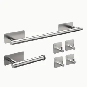 Self-Adhesive Towel Rack Set, Bathroom Hardware Group with 16 Inch Towel Bar, Toilet Paper Holder & 3 Towel Hooks, Sus304 Stainless Steel