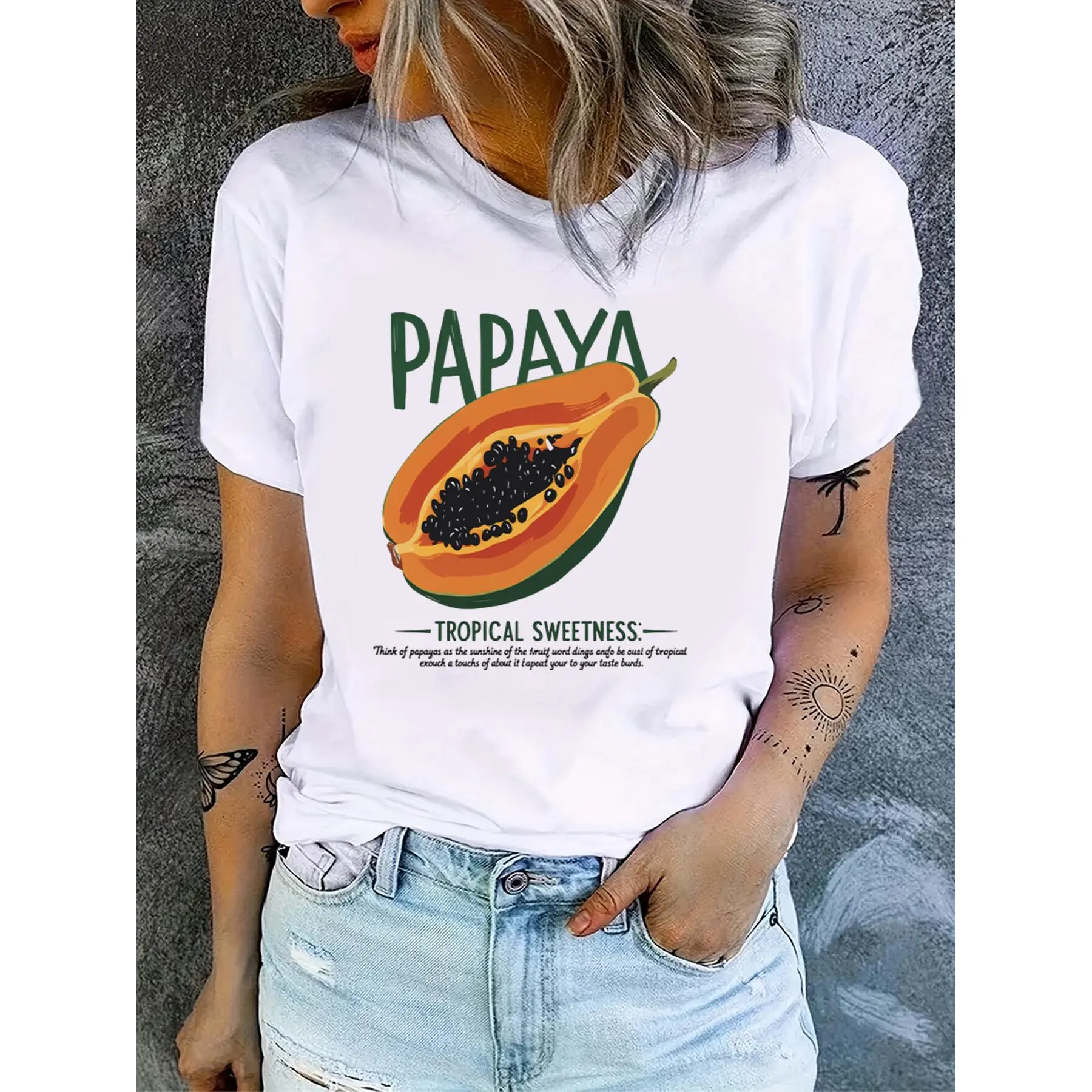 GGOR Plus Size - Plus Size - Tropical Papaya Graphic Tee - White Short Sleeve Women'S T Shirt - Short Sleeve Slim Fit Casual Graphic Tee Featuring Halved Papaya And PAPAYA & TROPICAL SWEETNESS Text Perfect for Summer D1 Three Color Women'S Clothing
