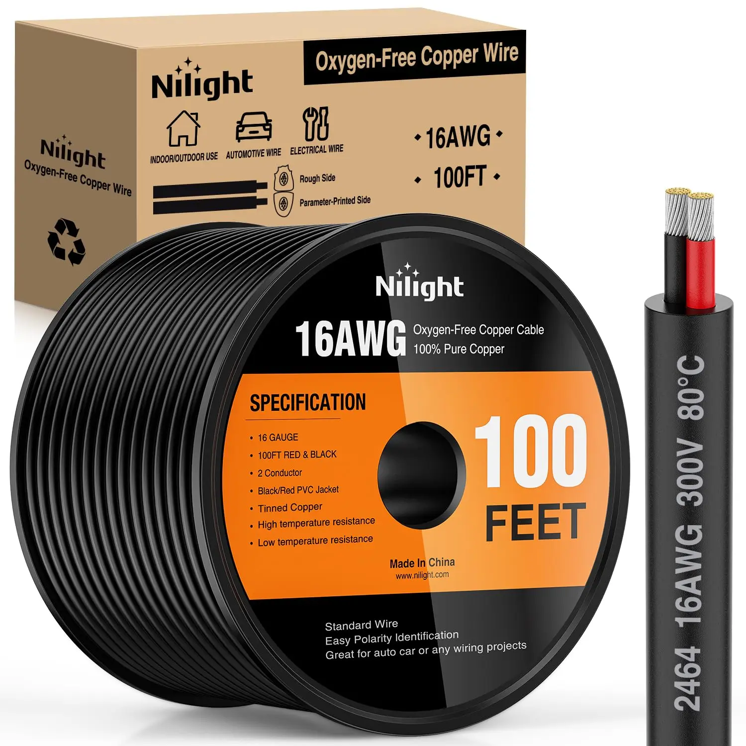 Nilight 100FT 16AWG Oxygen-Free Copper Electrical Cable Spool - Red & Black Stranded PVC 2-Conductor Parallel Wire, 300V DC Safe Flexible High Conductivity Outdoor Direct Burial Extension for LED Lights, Car Accessories