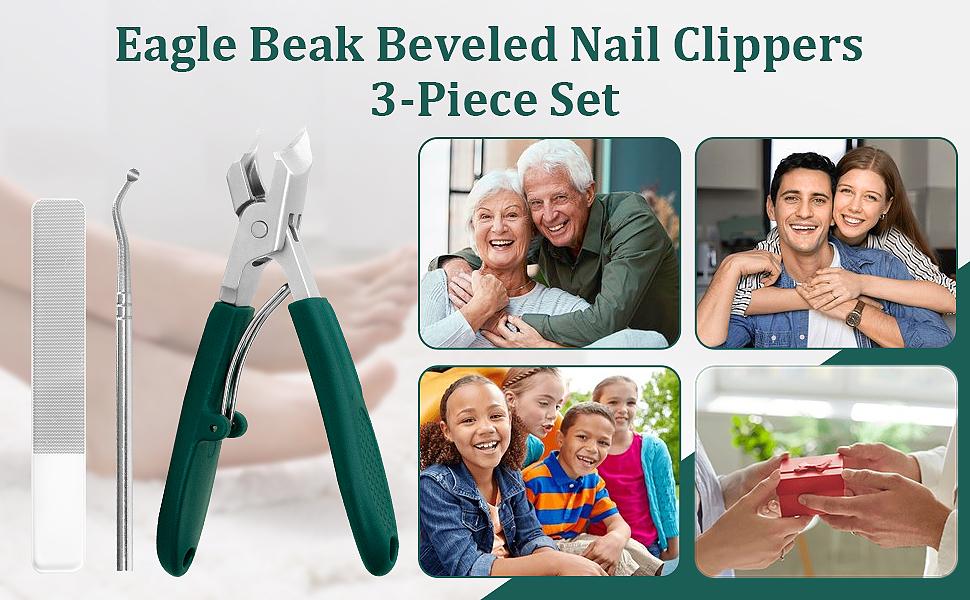 Eagle Beak Nail Clippers for Ingrown & Thick Nails – Beveled/Slanted/Angled Blades, Long Handle Wide Jaw, Anti-Splash Ultra Sharp Stainless Steel Edge 3-Piece Set for Men/Women (Green) Eagle Beak Nail Clippers for Ingrown & Thick Nails – Beveled/Slanted/Angled Blades, Long Handle Wide Jaw, Anti-Splash Ultra Sharp Stainless Steel Edge 3-Piece Set for Men/Women (Green)
