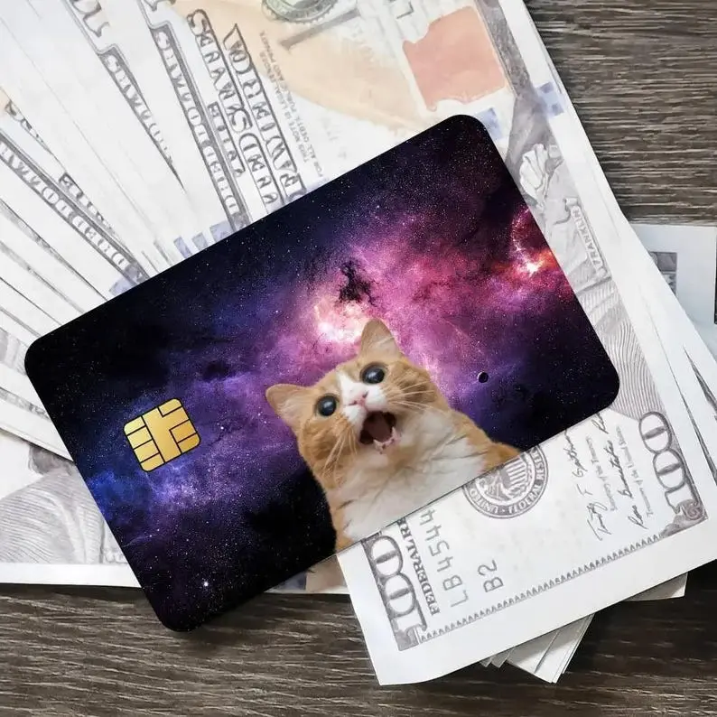 Funny Galaxy Cat Credit Card Skin Cover, Space Kitty Debit Card Sticker, Cosmic Nebula Waterproof Scratch Resistant Vinyl Card Decal, Cute Cat Lover Gift