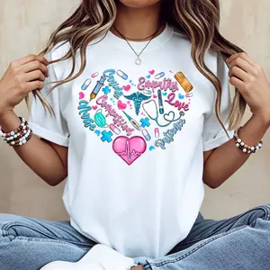 Heart Shape Medical Symbols And Words Nurse Empathy Love Compassion Care Patients Print T Shirt White Casual Short Sleeve Top