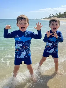 High-Elastic Quick-Dry Kids' Swimsuit Set Long-Sleeve Sunscreen Design Marine Element Beach Water Play Outfit