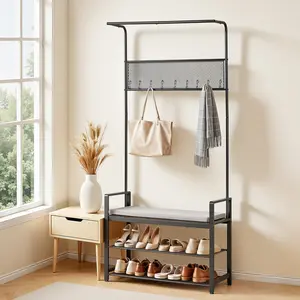 VEVOR Hall Tree, 72 in Coat Rack with Shoe Bench, Freestanding 2-Tier Shoe Rack Storage Organizer with Hooks, Hanging Rod and Wire Shelf, Steel Frame Entrance Coat Holder for Entry, Bedroom, Closet