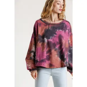 Umgee Full Size Tie Dye Round Neck Long Balloon Sleeve Top Plus Size Clothes