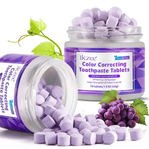 Ikzee Color Correcting Toothpaste Tablets, 70 Pieces Per Bottle, Grape Flavor, Nano Hydroxyapatite 5%, No Water Needed, Easy to Use