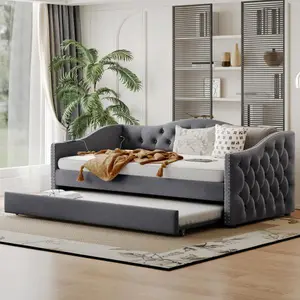 Mid-Century Twin Daybed with Pull-Out Trundle, Thick Foam Padding, Soft Fabric, Tufted Back, Wave Arms, USB Charging Ports, Elegant Upholstered Sofa Bed for Living Room Indoor Furniture Bed Frame