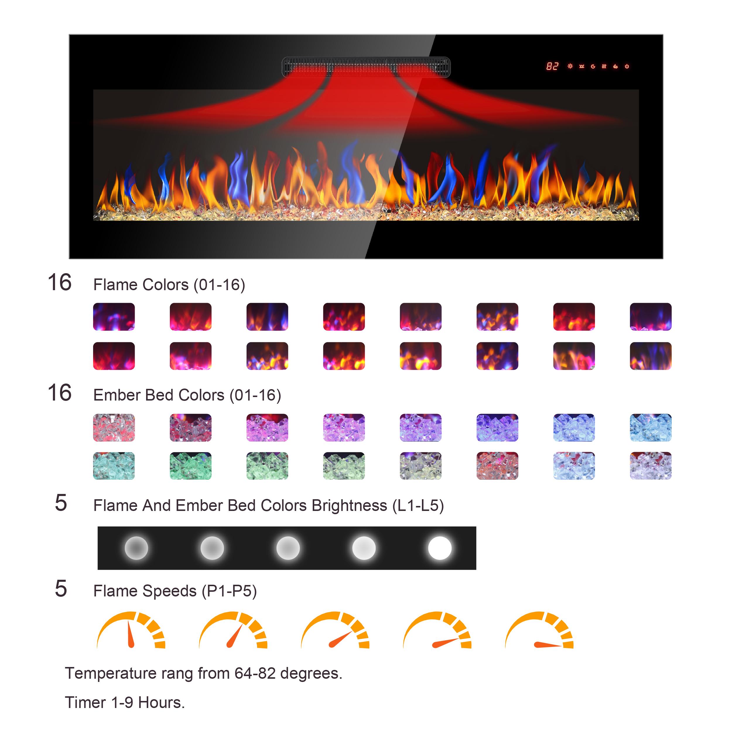 Eyisean 36"/42" Electric Insert Fireplace Heater, Wall-Mounted Recessed Thin Tempered Glass Fireplace with Remote Control & LED Light, 1400W Heat & Adjustable 16 Flame Colors, 3 Display Styles and Timer for Living Room, Bedroom Eyisean 36"/42" Electric Insert Fireplace Heater, Wall-Mounted Recessed Thin Tempered Glass Fireplace with Remote Control & LED Light, 1400W Heat & Adjustable 16 Flame Colors, 3 Display Styles and Timer for Living Room, Bedroom