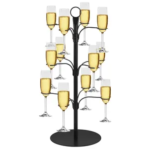Champagne Tree Stand for Drinks Wine Glass Rack Holder Stand 3 Tier 12 Holders Metal Cocktail Tower Stand Display Wine Holder for Margarita Cups Tasting Wedding Bridal Party Easy Installation & Storage Black/Gold Color Utensils