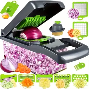 Vegetable Chopper, Pro Onion Chopper, Multifunctional 15 in 1 Food Chopper, Kitchen Vegetable Slicer Dicer Cutter, Veggie Chopper With 8 Blades, Carrot and Garlic Chopper With Container (Gray) Chopping Smooth Thick Lid Stainless Steel Utensils