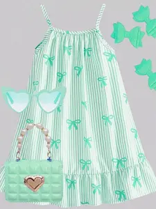 Girls Woven Fabric Bow Striped Digital Print Hem Patchwork Colorful Ruffle Hem Strap Dress, Suitable For Summer Daily Wear, Outings, Travel, Vacation, Parties
