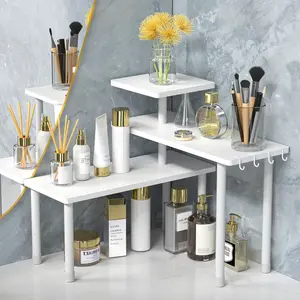 Bathroom Organizer Countertop Bathroom Shelf, 3 Tier Corner Shelf Adjustable Bamboo Organizer for Bathroom Counter, Make Up, Dresser Table, Desktop Shelf (White)